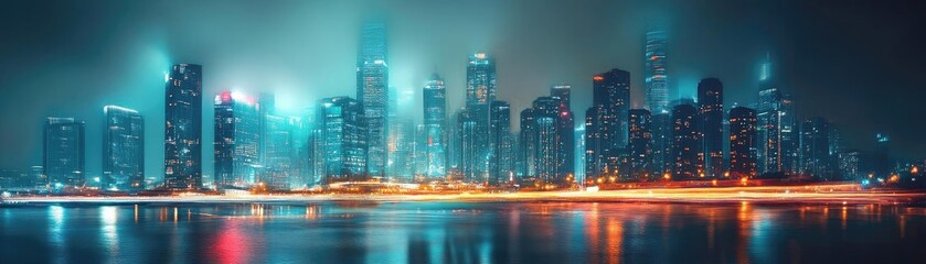 A stunning night view of a modern city skyline illuminated by vibrant lights reflecting on the water.