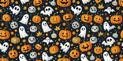 Fototapeta premium Seamless Halloween pattern with pumpkins, ghosts, and bats, Halloween, seamless, pattern, background, pumpkins, ghosts, bats