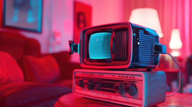Retro television and radio in vibrant colors, showcasing vintage design and nostalgia in a cozy living room setting.