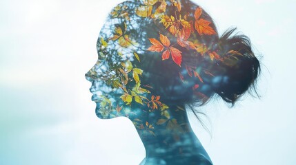 A silhouette of a woman with an overlay of autumn leaves, representing the fusion of nature and human emotion.