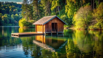 Fototapeta premium rendering of a boat house by the lake, boat house, lake, waterfront, rendering, exterior design, architecture