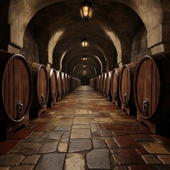 A long tunnel with wooden wine barrels on the sides
