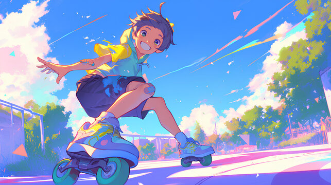 a boy playing roller skating in the park, anime style, cute kawaii, simple, smiling happy, neon psychedelic background