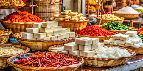 Fototapeta premium Traditional Chinese market with vendors selling fresh tofu, rice noodles, and homemade chili oils , Chinese, market