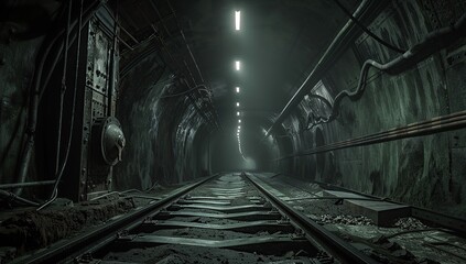 A long dark underground tunnel with train tracks, cinematic