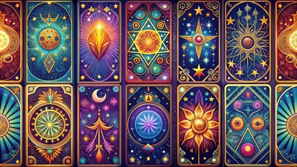 Elegant tarot card pattern with mystical symbols and vibrant colors, tarot, cards, pattern, mystical, symbols