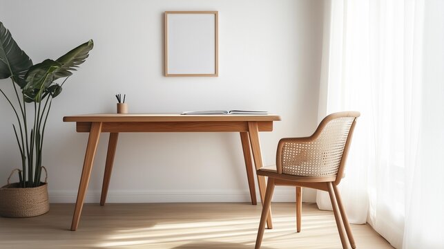 interior of a room, a wooden desk with a front view, study space 