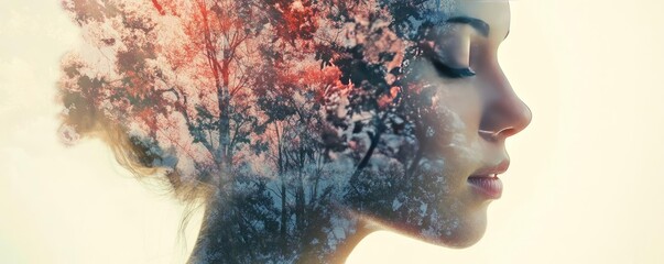 A serene portrait blending a woman's profile with vibrant floral imagery, symbolizing connection to nature and inner beauty.