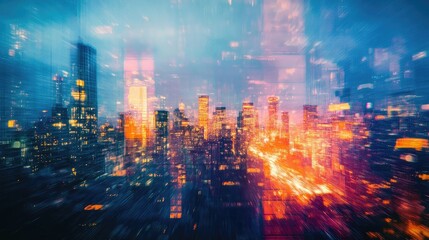 Fototapeta premium A vibrant city skyline at dusk, showcasing colorful lights and a dynamic atmosphere. Perfect for urban-themed projects.