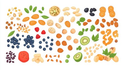 Nutritious Variety: Flat Design Illustration of Healthy Snacks with Nuts, Seeds, and Dried Fruits for Balanced Eating Choices