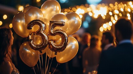 An elegant 35th birthday celebration featuring a bunch of sparkling balloons with bokeh lights in the background, creating a festive and luxurious atmosphere.