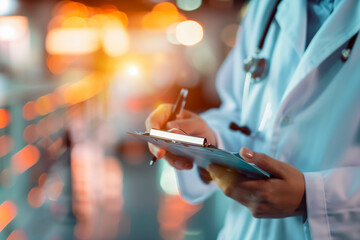 Close-up of a healthcare worker writing on a clipboard in a modern clinic