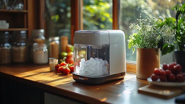 Modern ice maker machine making ice cubes on kitchen countertop
