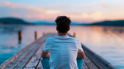 Fototapeta premium Young Boy Relaxing on Wooden Pier Overlooking Lake at Dusk