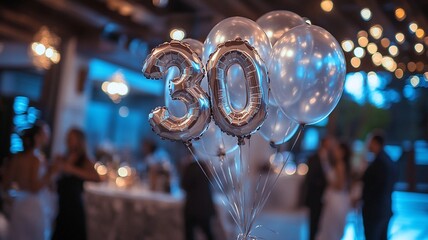 An elegant 30th birthday celebration featuring a bunch of sparkling balloons with bokeh lights in the background, creating a festive and luxurious atmosphere.