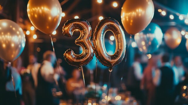 An elegant 30th birthday celebration featuring a bunch of sparkling balloons with bokeh lights in the background, creating a festive and luxurious atmosphere.
