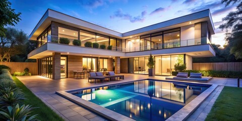 Fototapeta premium Modern mansion with a pool and garden illuminated at dusk, luxury, contemporary, architecture, home, exterior, swimming pool