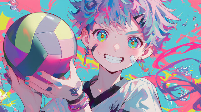 a boy playing volleyball, anime style, cute kawaii, simple, smiling happy, neon psychedelic background