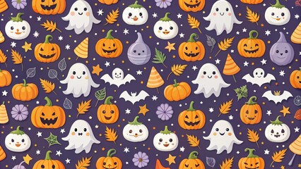 Seamless Halloween pattern with cute ghost, pumpkins, and bats, Halloween, seamless, pattern, ghost, pumpkins, bats