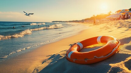 Obraz premium An orange life preserver on the beach embodies summer fun, safety, and a perfect sunset scene.