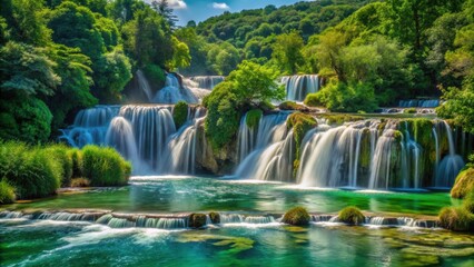 Mesmerizing waterfall cascading through lush greenery in Krka National Park, Croatia, Amazing, waterfall
