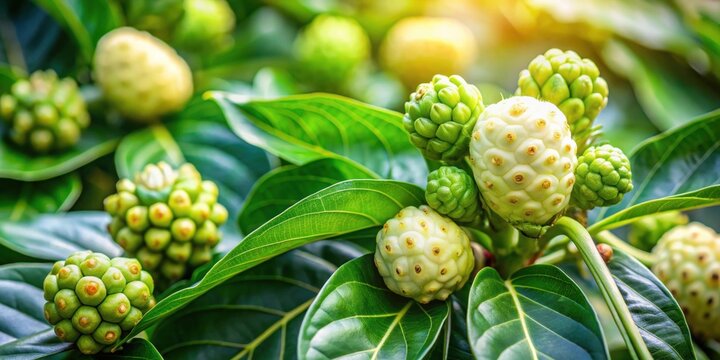 Fresh noni fruit and flowers in a vibrant herbal garden , noni, Morinda citrifolia, herbal, garden, organic, tropical, healthy