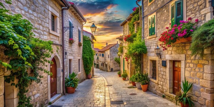 Fototapeta Romantic street in Omisalj, Krk island, Croatia , Old town, architecture, cobblestone, romantic, charming, scenic