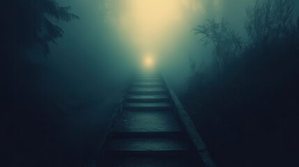 A mysterious foggy pathway leads to a glowing light, evoking a sense of intrigue and exploration in a tranquil environment.