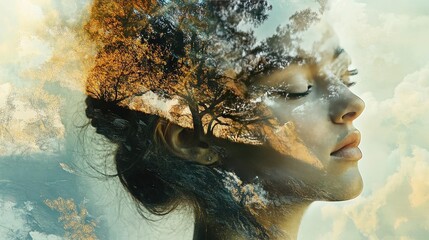 A serene portrait blending a woman's profile with nature, showcasing clouds, trees, and an ethereal atmosphere of tranquility.