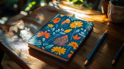 Fototapeta premium Colorful Notebook with Pencils on Wooden Table.