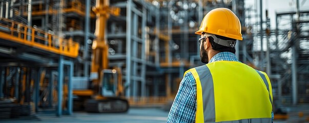 Construction Worker in Yellow Hard Hat and Safety Vest Looking at Construction Site Photo