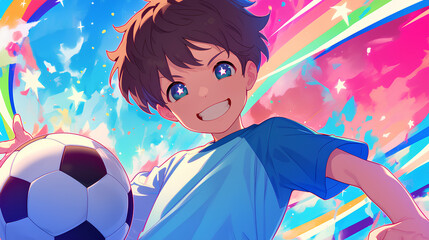 a boy who plays football, anime style, cute kawaii, simple, smiling happy, neon psychedelic background