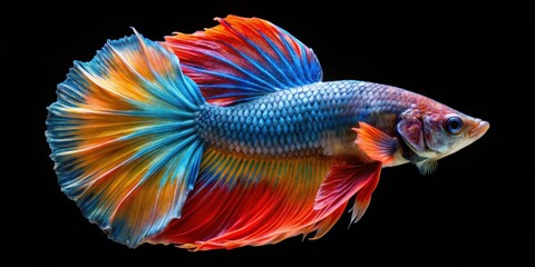 Fototapeta premium Colorful Siamese fighting fish swimming gracefully on a black background, aquatic, underwater, vibrant, tropical, pet, ornamental