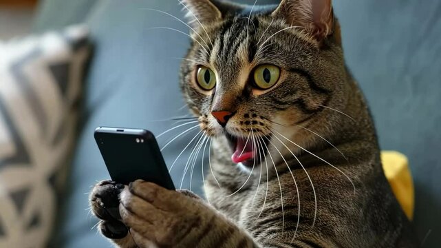 Curious cat reacts to smartphone usage with surprised expression on cozy couch