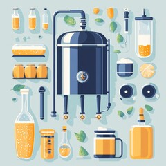 Home Brewing Essentials - Flat Design Illustration of DIY Beer and Kombucha Making Equipment and Ingredients