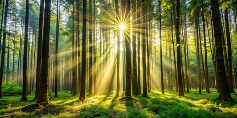 Obraz premium Sunlight shining through tall trees in a lush forest setting, nature, sunlight, trees, forest, peaceful, serene, landscape