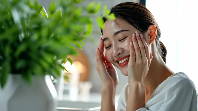 Joyful skincare routine at home featuring soothing products and a vibrant indoor setting in the morning light