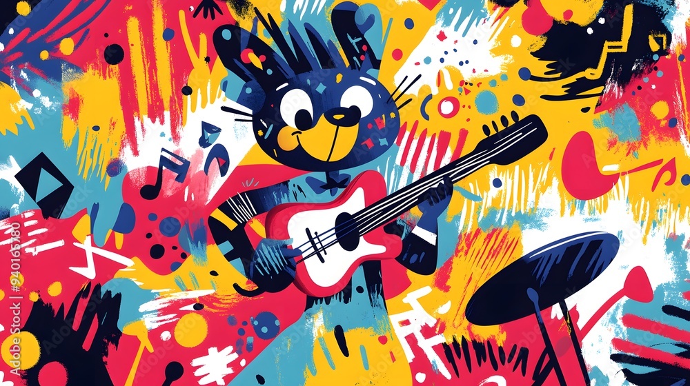 Wall mural colorful abstract illustration of a cartoon rabbit playing guitar.