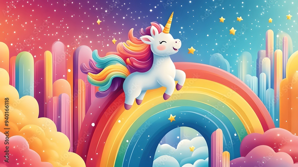 Sticker Unicorn on a Rainbow in a Starry Sky.