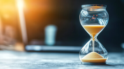 Close-Up of Hourglass with Flowing Sand Against Blurred Background in Warm Light