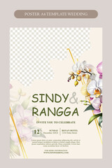 Elegant wedding poster template with beautiful orchid watercolor flowers