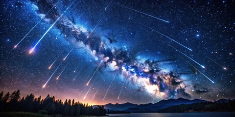 Fototapeta premium Mesmerizing long exposure of shooting stars in a starry night sky with visible trails, celestial
