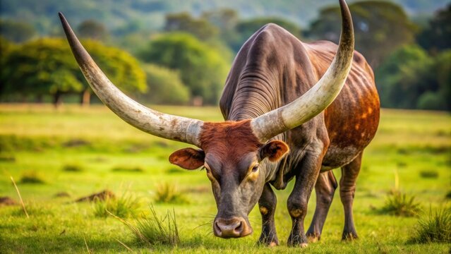 Close-up of a buey animal with large horns grazing in a field, buey, animal, vaca, cuernos, horned, livestock, agriculture