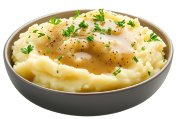 Creamy mashed potato served in a bowl, topped with savory gravy and garnished with fresh parsley for a delicious meal.