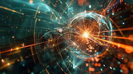 Scene showing the interaction of Higgs bosons with other fundamental particles in a particle collider