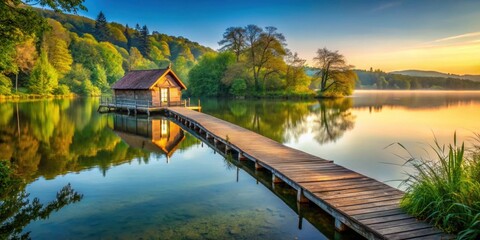 Fototapeta premium Tranquil lake with charming cottage, jetty on the shore, scenic, peaceful, cottage, lake, jetty, tranquil, serene, water