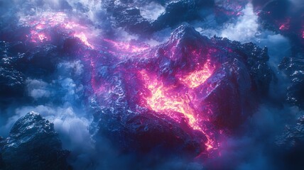 Fototapeta premium A stunning aerial view of glowing lava flowing through rocky terrain, surrounded by clouds and vibrant colors of nature.