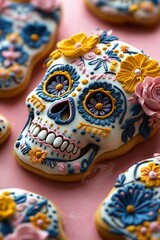 A photo of sugar skull shaped cookies decorated with colorful flowers, dia de los muertos theme, on a pink background