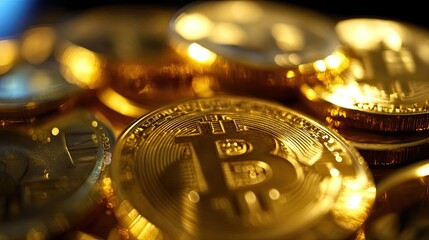 Close-up view of gleaming golden cryptocurrency coins, representing digital wealth and innovation in modern finance.