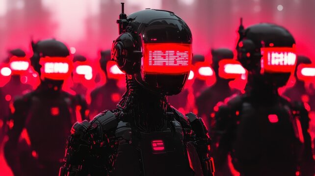 Futuristic robots with glowing red screens stand in a dark, mysterious forest, creating an atmosphere of intrigue and technology.